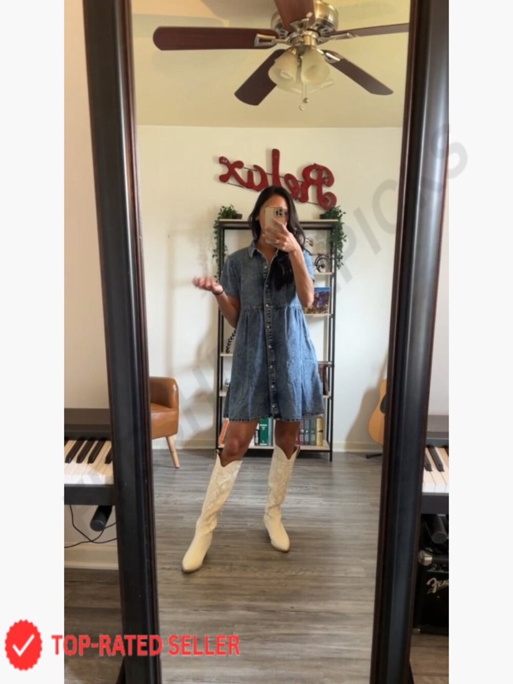 Denim Babydoll Dress Flowy Tiered Button Down Short Sleeve Casual Chic - Picture 6 of 7